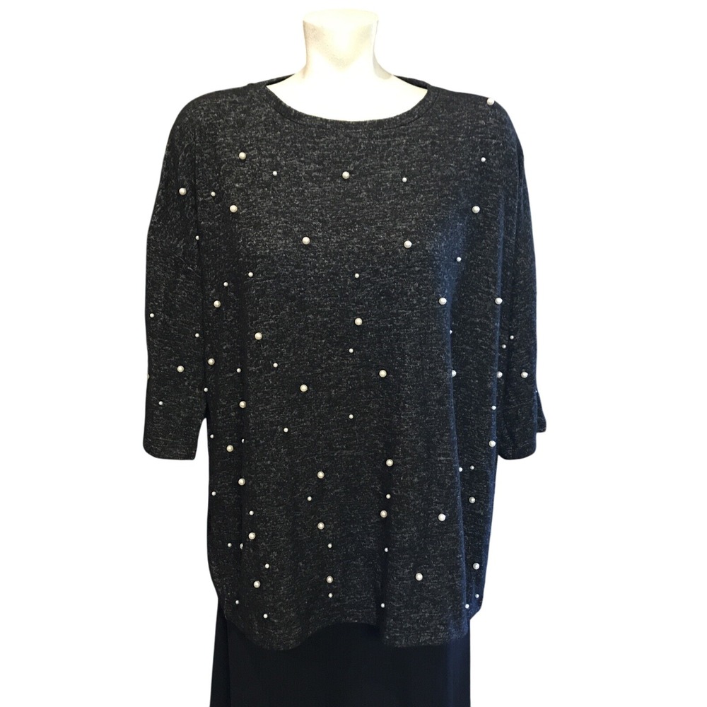 Pearl Embellished‎ Top, Crew Neck, Knit Blouse, Gray Dolman Sleeve
